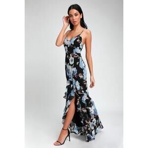 NWT Lulus Artwin Black Floral Print Ruffled High-Low Maxi Dress Size Medium